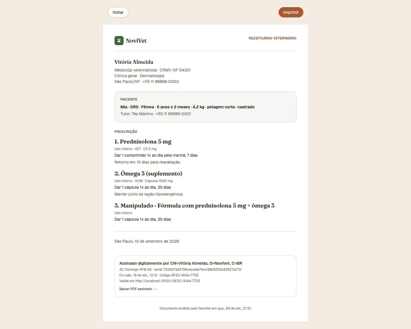 Receituário em PDF do app NoviVet com os dados do veterinário, do pet e o bloco de assinatura digital A1 com código de validação