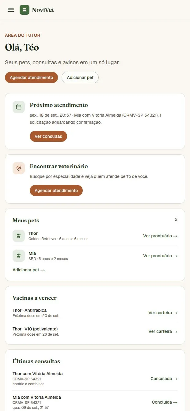Tela inicial do app NoviVet para tutores, com próximo atendimento, busca de veterinário, pets e vacinas a vencer