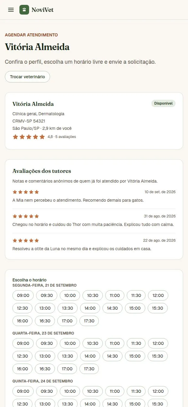 Passo 3 no app NoviVet: Atendimento onde preferir