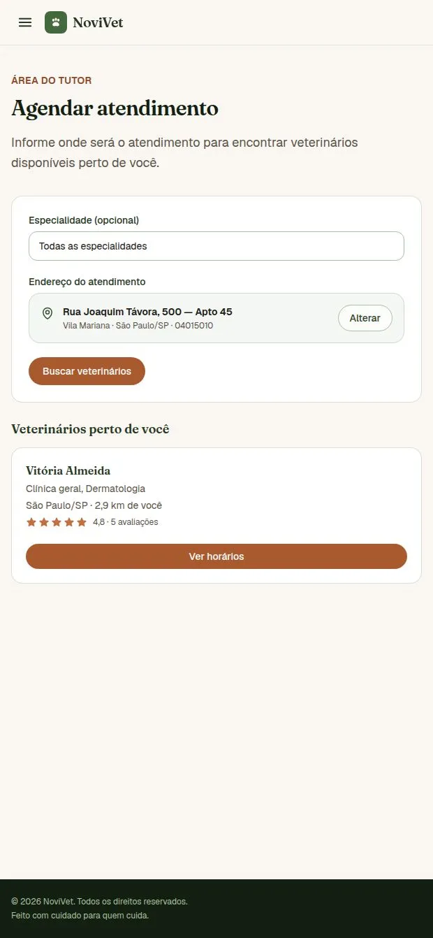 Passo 2 no app NoviVet: Escolha onde e quando