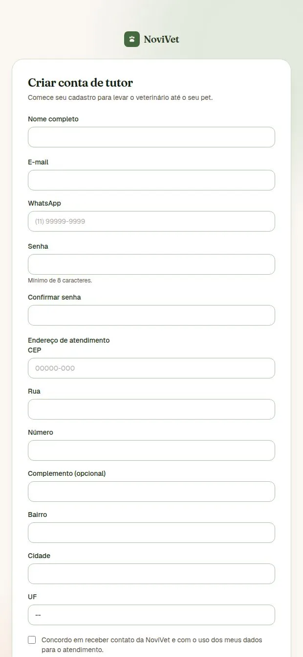 Passo 1 no app NoviVet: Crie sua conta