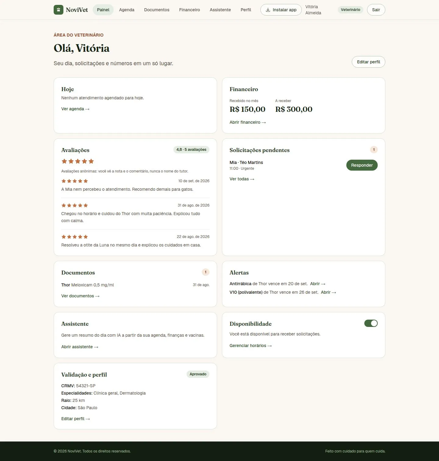 Painel do veterinário no app NoviVet com atendimentos do dia, finanças, avaliações dos tutores e solicitações pendentes